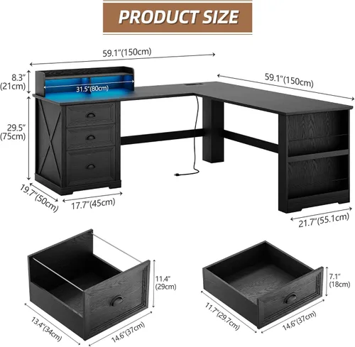 Vista 2 de FREDEES Escritorio en forma de L con soporte móvil y luces LED, escritorio de 59 pulgadas estilo granja para oficina en casa con cajón para Negro