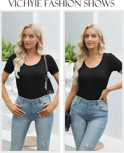 Vista 4 de VICHYIE Camisas de verano para mujer, cuello redondo, manga corta, acanaladas, ajustadas, casuales, básicas