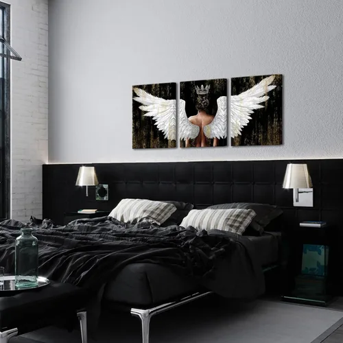 Vista 3 de OuElegent Lienzo decorativo para pared, diseño de alas de ángel doradas y negras, arte contemporáneo con corona, para sala de estar, dormitorio