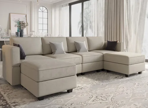 Vista 3 de Belffin Sofá modular seccional con tumbonas reversibles de terciopelo, sofá seccional en forma de U con asiento de almacenamiento, color gris