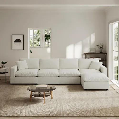 Vista 39 de Sofá seccional moderno de lino en forma de L para sala de estar, sofás modulares con relleno de plumón, fundas de cojín de sofá desmontables, sofá