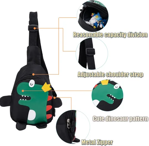 Vista 7 de Bolso bandolera para niños pequeños de dibujos animados de dinosaurios, bolso de hombro, monedero, mochila de cintura de nailon para niños de 1 a 5
