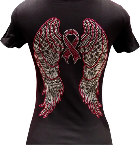 Vista 4 de Camiseta ajustada con cuello en V y alas de ángel y concienciación sobre el cáncer de mama con diamantes de imitación, color rosa y plateado