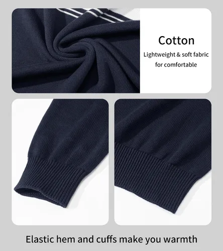 Vista 6 de MAGCOMSEN Suéteres de algodón con cremallera de 14 para hombre, suéter tipo polo, a rayas, para otoño e invierno, sudaderas cálidas