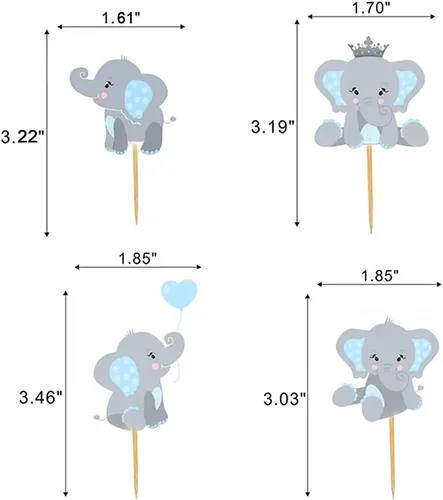 Vista 2 de 48 piezas de decoración de elefante azul para cupcakes, de doble cara, con texto en inglés "It is A Boy" Elefante, decoración de cupcakes