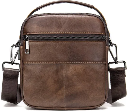 Vista 2 de Monederos y bolsos para hombre, pequeño, mini bolso de hombro de cuero genuino para hombres con muchos bolsillos con cremallera