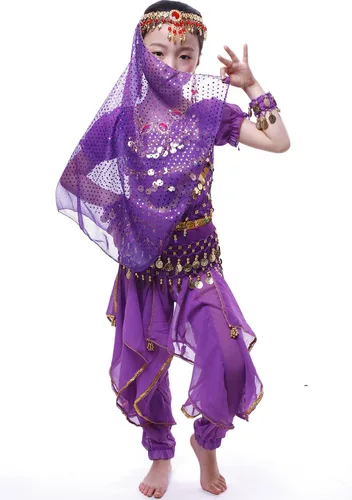 Vista 4 de Astage Disfraces de danza del vientre para niña,Top de manga larga con reflejos,Pantalones