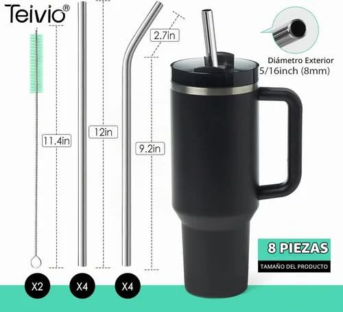 Vista 3 de Teivio 8 popotes de acero inoxidable de 5/16 pulgadas de ancho para vaso de 40 onzas con asa, popotes de metal reutilizables de 12 pulgadas