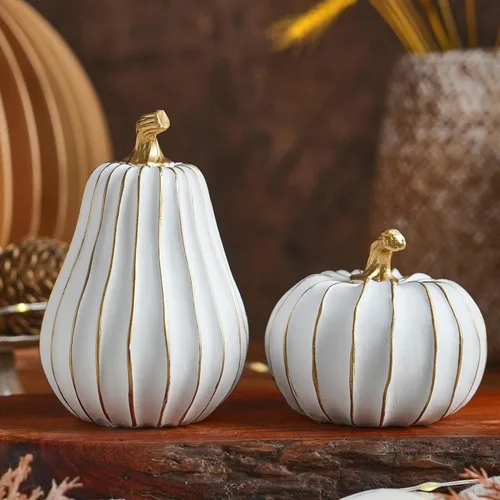 Vista 9 de FESTGLOX Decoración de calabaza de otoño, 2 figuras de calabaza falsas de resina de Acción de Gracias, calabazas blancas y doradas para decoración