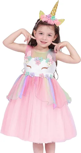 Vista 2 de FENGMAX Disfraz de unicornio para niñas pequeñas con diadema