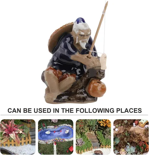 Vista 9 de Cabilock Figura de pescador de cerámica que absorbe el agua, mini adorno de bonsái para acuario y jardín al aire libre, D Cor 2.76 x 1.97 x 1.38