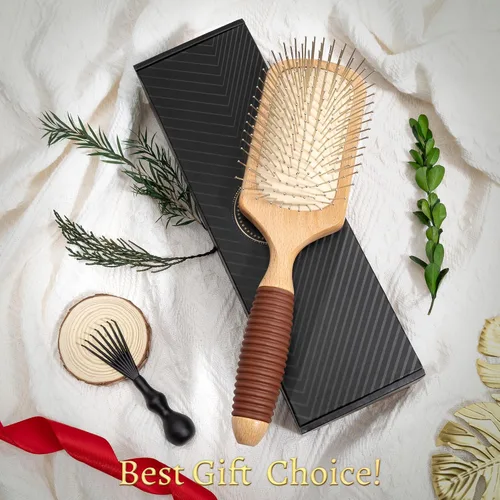 Vista 9 de BFWood Cepillo de pelo de paleta con cerdas de acero, cepillo de pelo de metal, ayuda al crecimiento del cabello y masaje del cuero cabelludo