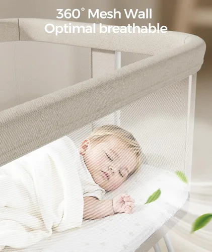 Vista 2 de Fodoss Moisés para bebé con ruedas, bandeja de almacenamiento, malla de 4 lados, 7 alturas ajustables, color beige