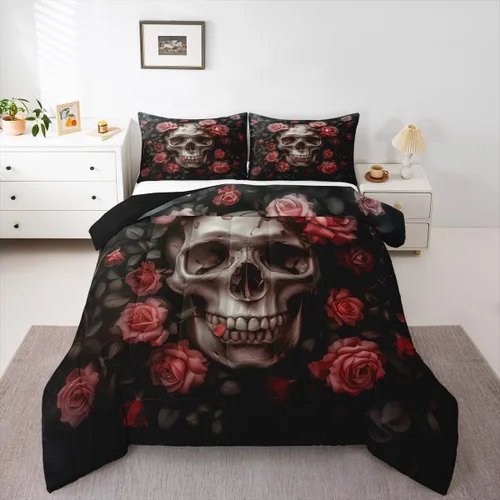 Vista 19 de Juego de edredón de polilla de la muerte, juego de ropa de cama tamaño individual, diseño de calavera gótica, flores botánicas, juego de edredón