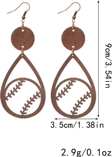 Vista 2 de Aretes colgantes de madera con estampado de leopardo para mujer, diseño de pelota de fútbol, voleibol, béisbol, béisbol, voleibol, aretes colgantes