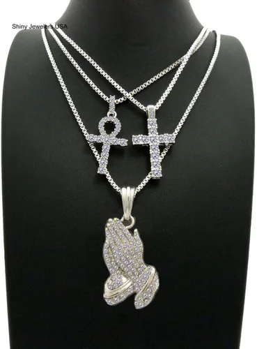 Vista 2 de Juego de 3 collares de cadena con colgante de mano de Jesús para hombre, cruz y tobillo