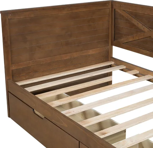 Vista 8 de Sofá cama de madera de tamaño individual con nido y cabecera en forma de L, marco de madera para sofá cama con barandilla rústica y soporte