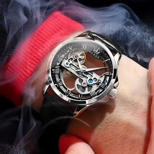 Vista 3 de OLEVS Relojes de esqueleto para hombre, automático, mecánico, de lujo, de cuero, impermeable, luminoso, reloj de pulsera para hombre