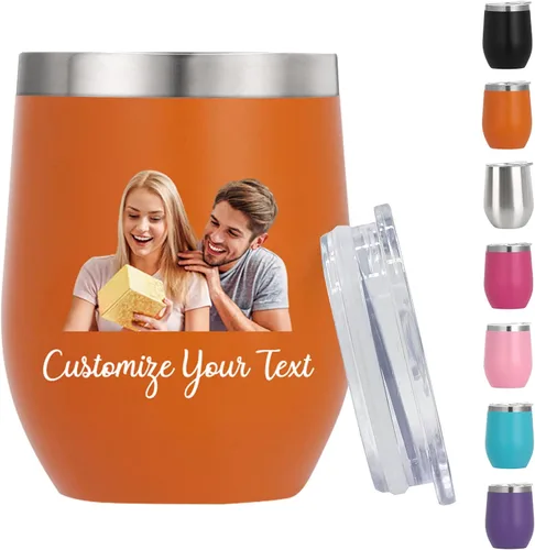 Vista 8 de Vasos de vino personalizados con nombres y fotos con tapa para mujeres, juego de vasos de vino aislados personalizados de acero inoxidable, regalos