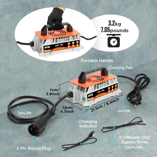 Vista 9 de CMTOOL - Cargador de batería de carrito de golf de 48 V 18 A para Club Car, cargador automático inteligente de 1250 W, enchufe redondo de 3 pines