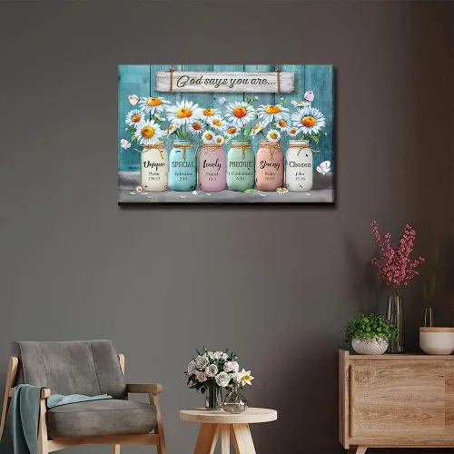 Vista 4 de Lienzo floral enmarcado, arte para la pared, con versículos de la Biblia, con texto en inglés "God Says You are", póster de flores de margarita