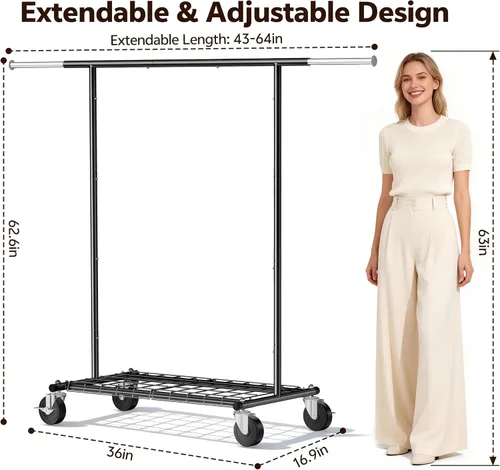 Vista 7 de Perchero resistente – Carga de 500 libras, perchero con ruedas y estantes con cerradura, estante extensible para dormitorio, lavandería, sala