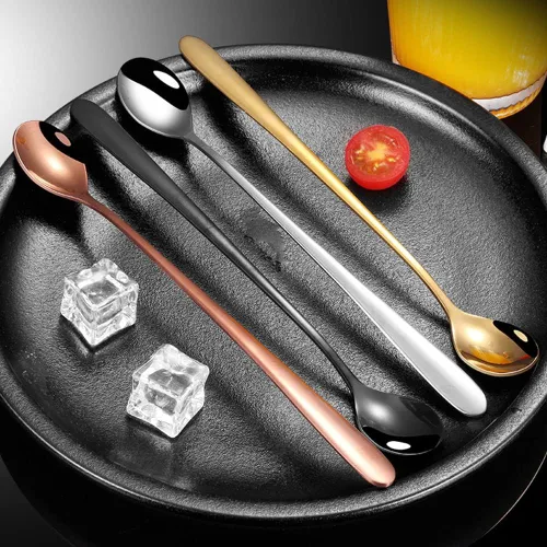 Vista 6 de 4 cucharas de mango largo, cucharas de acero inoxidable de grado alimenticio, cuchara de café para té helado, cucharas doradas, cucharas de mezcla
