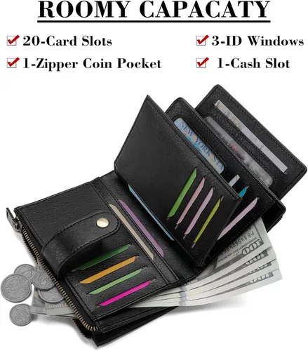 Vista 2 de SENDEFN Cartera pequeña de cuero para mujer, con bloqueo RFID, tarjetero con doble cremallera, monedero plegable