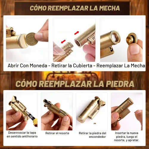Vista 6 de Encendedor de rueda vintage de cobre y latón - Reutilizable, resistente al viento, presión fría - Regalo de cumpleaños único