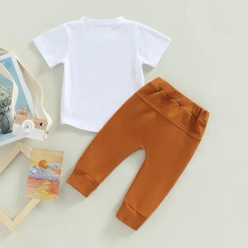 Vista 3 de Mama Is My Bestie, ropa de bebé para niños y niñas, camisa con letras, mameluco + pantalón deportivo de color sólido, traje de verano de 2 piezas