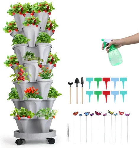 Vista 81 de GameXcel Torre de maceta vertical, macetas apilables de 3 niveles con ruedas y herramientas de jardín, macetas para plantas de fresa, hierbas