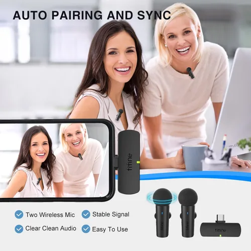 Vista 2 de FIFINE Sistema Lavalier inalámbrico con 2 micrófonos, micrófono de solapa con sonido claro para entrevistas de video de YouTube, mini micrófono dual