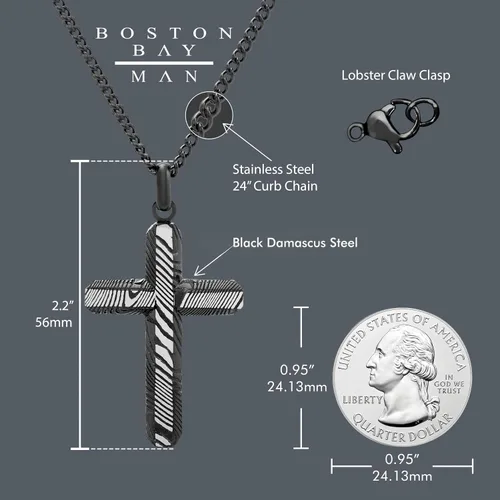 Vista 3 de Boston Bay Diamonds Men's Cross Pendant Necklace in Damascus 316L Stainless Steel on 24" Curb Chain, Elegant Choice of Colors for Fashion with Faith