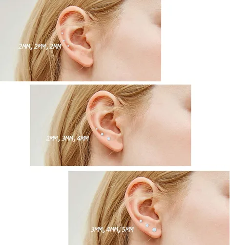 Vista 3 de Juego de 3 aretes para mujer, de acero inoxidable, pequeños ópalo sintético, paquete de 3 (SE-29)