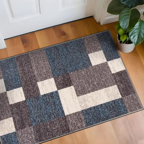 Vista 10 de Rugshop Alfombra Contemporánea Azul con Cajas Geométricas Antideslizante y sin Desprendimiento para Sala de Estar, Comedor y Oficina, 20" x 30