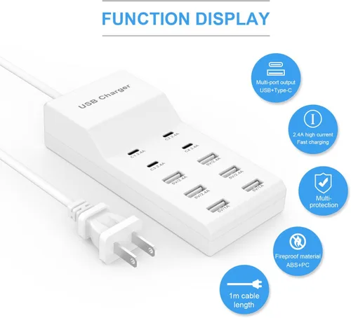 Vista 2 de Estación de carga USB para múltiples dispositivos, cargador de pared USB, tira de concentrador de energía, enchufe inteligente, bloque de carga, 4