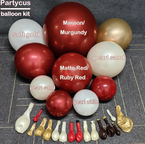 Vista 3 de Kit de arco de globos de color rojo, blanco y dorado, guirnalda de globos de doble relleno burdeos, vino, rubí, perla, blanco, arena, oro, para Oro