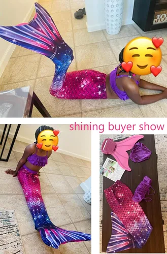 Vista 6 de DNFUN Colas de sirena para nadar para niñas, traje de baño de sirena con monoaleta