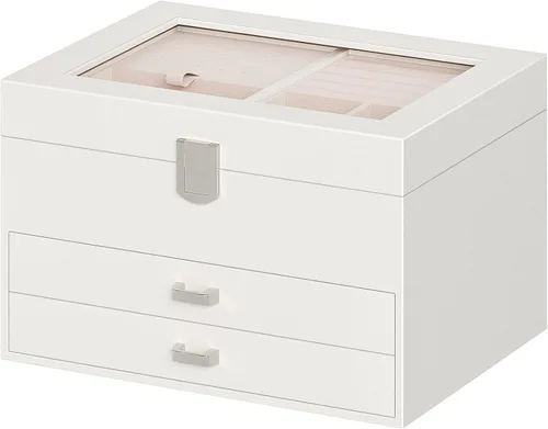 Vista 9 de HOOBRO Joyero para mujer organizador de joyas grande de 4 niveles organizador de joyas de viaje con tapa de cristal amplio espacio de almacenamiento
