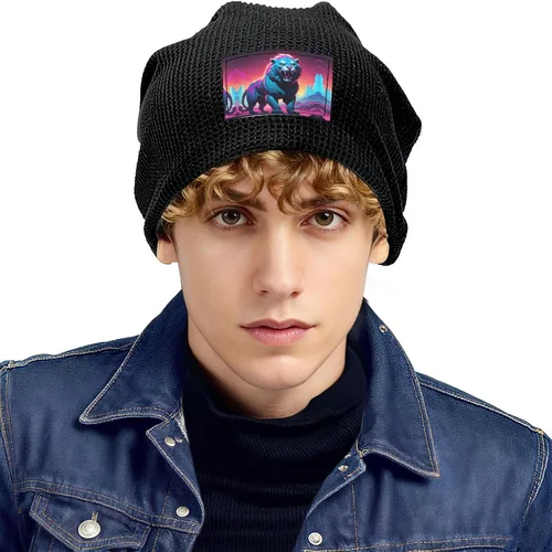 Vista 2 de Synthwave Sabertooth Patterned Black Fleece-Lined Warm Men's and Women's Hood, Winter Outdoor Sports Ski Cap