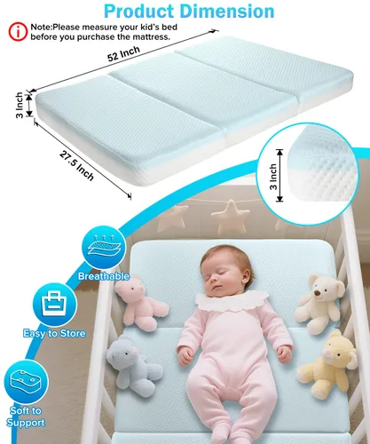 Vista 2 de Colchón impermeable para cuna estándar de 3 pulgadas, transpirable, 52 x 27.5 pulgadas Portable Full Size Crib Memory Foam Mattress for Toddler