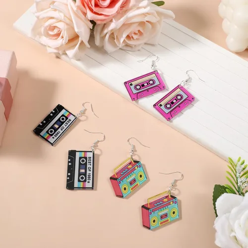 Vista 6 de 3 pares de aretes de neón con cinta de casete retro de los años 80 y 90 para mujer, traje de los años 80 y 90, aretes acrílicos de radio, joyas