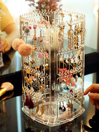 Vista 4 de Cq acrylic Organizador giratorio de 360 aretes, 11.4 pulgadas de alto, 4 niveles de acrílico transparente, soporte de exhibición para aretes, 160