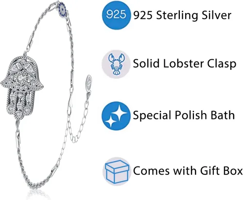 Vista 41 de Aniu Joyería de plata de ley 925 Hamsa de Fátima para mujer con circonita cúbica, viene con caja de regalo negra