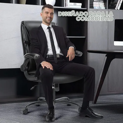 Vista 7 de OLIXIS Silla de escritorio de cuero PU, silla de oficina ergonómica, reposabrazos abatibles Negro