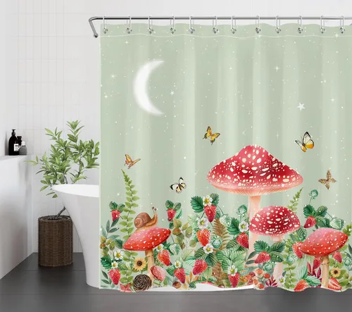 Vista 3 de Cortina de ducha con diseño de hongos y rana, planta verde salvia y mariposa de fresa sobre verde, cortina de ducha con ganchos, juego de cortinas