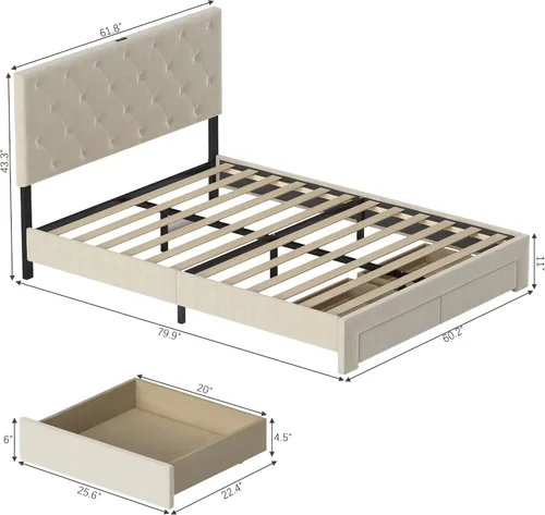Vista 2 de NSdirect Base de cama tamaño Queen con cajón de almacenamiento, base de cama tapizada de terciopelo con 2 cajones de almacenamiento y estación