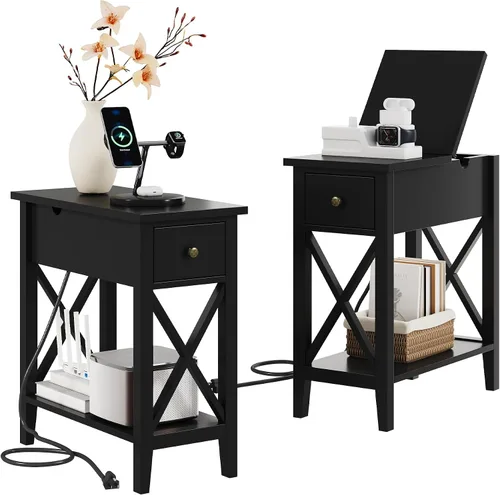 Vista 19 de ChooChoo Mesa auxiliar, mesa auxiliar estrecha abatible con estación de carga Narrow Side Table with USB Ports and Outlets, Nightstand with