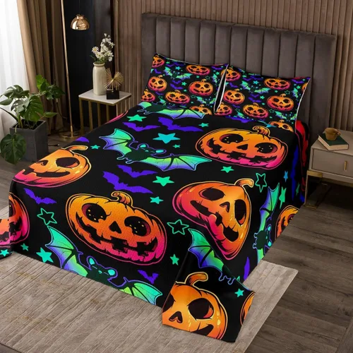 Vista 16 de Erosebridal Juego de colcha de murciélago de Halloween, tamaño individual, estrellas con purpurina y galaxia, para niños, decoración de Halloween