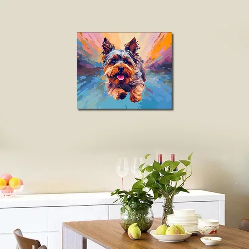 Vista 2 de TUMOVO Pintura de animales por números enmarcados con pinceles Yorkshire Terrier Dog Paint por números para adultos, kits de pintura por números